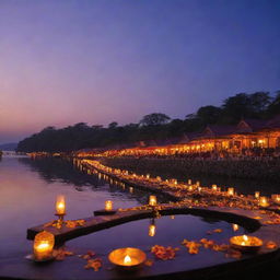 An enchanting twilight at Assi Ghat, elegantly illuminated. Against the vibrant canvas of the sky, featuring deep purples, oranges, and dusky blues, showcase delectable signature dishes, accompanied by the warm glow of candles and lanterns creating a romantic evening atmosphere.