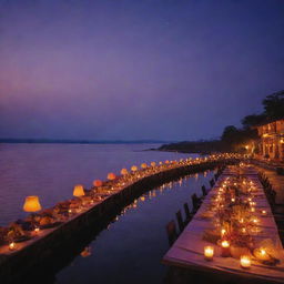 An enchanting twilight at Assi Ghat, elegantly illuminated. Against the vibrant canvas of the sky, featuring deep purples, oranges, and dusky blues, showcase delectable signature dishes, accompanied by the warm glow of candles and lanterns creating a romantic evening atmosphere.