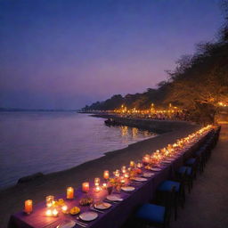 An enchanting twilight at Assi Ghat, elegantly illuminated. Against the vibrant canvas of the sky, featuring deep purples, oranges, and dusky blues, showcase delectable signature dishes, accompanied by the warm glow of candles and lanterns creating a romantic evening atmosphere.