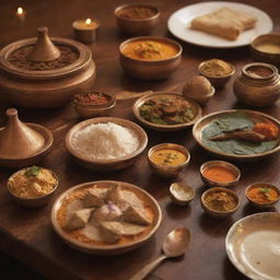 Merge images of traditional Varanasi musical instruments, distinct cultural symbols, along with the tranquility of the Ganges River to illustrate the melodious dining experience at a restaurant. Show a spread of delightful dishes in rich earthy tones symbolizing cultural opulence.