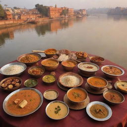 Merge images of traditional Varanasi musical instruments, distinct cultural symbols, along with the tranquility of the Ganges River to illustrate the melodious dining experience at a restaurant. Show a spread of delightful dishes in rich earthy tones symbolizing cultural opulence.