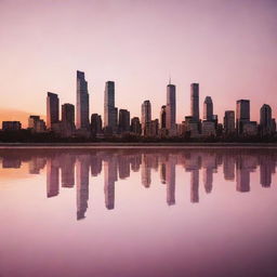 Generate an image of a modern city skyline at sunset, with skyscrapers reflecting the orange and pink hues of the setting sun. Include silhouettes of people enjoying the view.