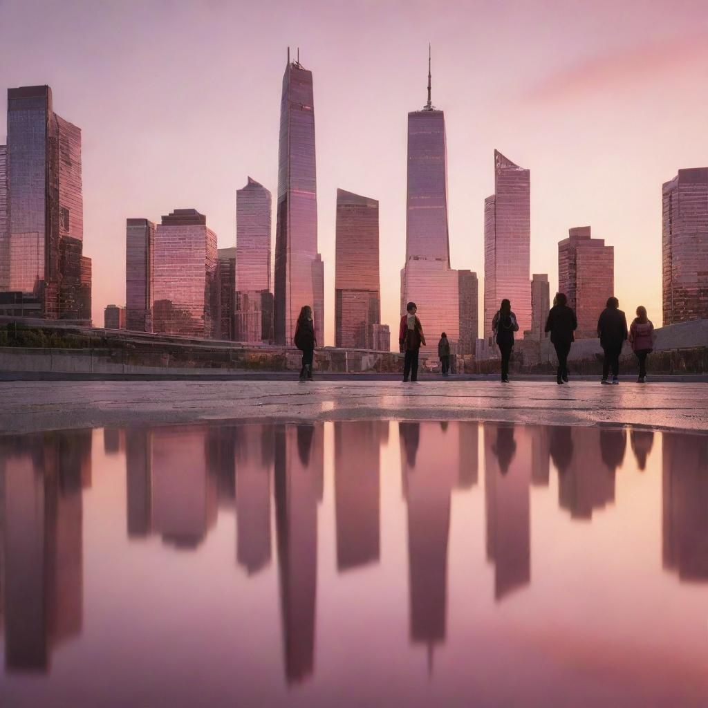 Generate an image of a modern city skyline at sunset, with skyscrapers reflecting the orange and pink hues of the setting sun. Include silhouettes of people enjoying the view.