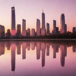 Generate an image of a modern city skyline at sunset, with skyscrapers reflecting the orange and pink hues of the setting sun. Include silhouettes of people enjoying the view.