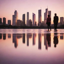 Generate an image of a modern city skyline at sunset, with skyscrapers reflecting the orange and pink hues of the setting sun. Include silhouettes of people enjoying the view.