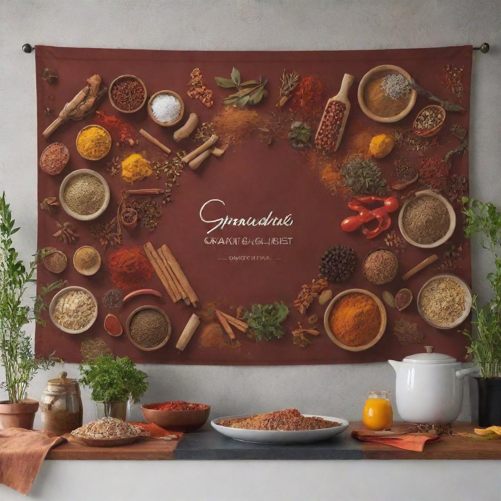 Create a banner that encapsulates the fusion of traditional and innovative culinary worlds. Feature classical spices intermingling with modern kitchen gadgets, a blend of dishes employing both culinary methods, and culturally significant symbols. Use a color palette combining earthy tones of tradition and bold, lively modern hues.