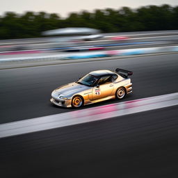 A Toyota Supra streaking down a racetrack at an incredible speed of 1000 km/h, with blurred surroundings to highlight its extreme speed.