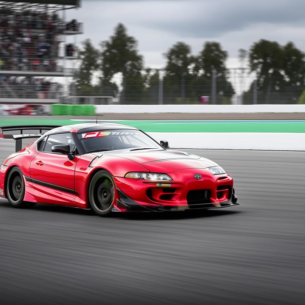 A Toyota Supra streaking down a racetrack at an incredible speed of 1000 km/h, with blurred surroundings to highlight its extreme speed.