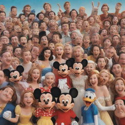 A joyful scene of iconic Disney characters taking a group picture together, filled with laughter and camaraderie.