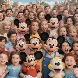 A joyful scene of iconic Disney characters taking a group picture together, filled with laughter and camaraderie.