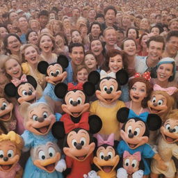 A joyful scene of iconic Disney characters taking a group picture together, filled with laughter and camaraderie.