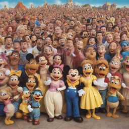 A joyful scene of iconic Disney characters taking a group picture together, filled with laughter and camaraderie.