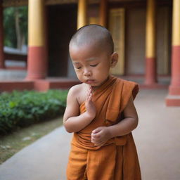 A small, adorable monk shedding tears in a serene temple setting, visibly longing for parents