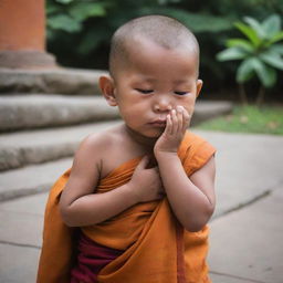 A small, adorable monk shedding tears in a serene temple setting, visibly longing for parents