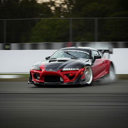 A Toyota Supra streaking down a racetrack at an incredible speed of 1000 km/h, with blurred surroundings to highlight its extreme speed.