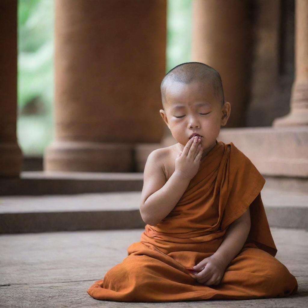 A small, adorable monk shedding tears in a serene temple setting, visibly longing for parents