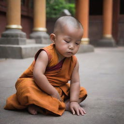 A small, adorable monk shedding tears in a serene temple setting, visibly longing for parents