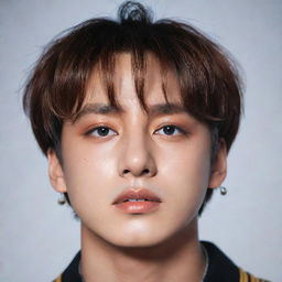 A realistic portrait of Jungkook from BTS, highlighting his charismatic features and vibrant stage presence.