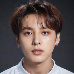 A realistic portrait of Jungkook from BTS, highlighting his charismatic features and vibrant stage presence.