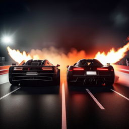 A head-to-head drag race between a sleek Koenigsegg and a powerful Bugatti. Both cars are emitting fire from their exhausts signifying high speed, on a professional drag racing track.