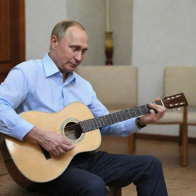 Vladimir Putin learning to play guitar in a relaxed setting