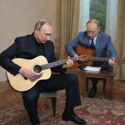 Vladimir Putin learning to play guitar in a relaxed setting