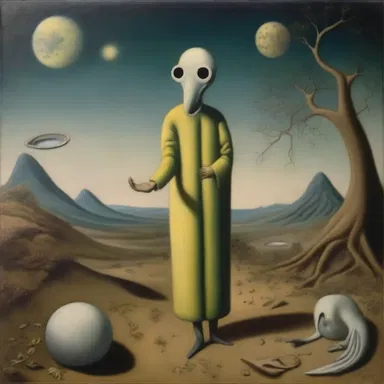 The surreal painting portrayed a perplexed figure who seemed to inquire about the existence of hidden meanings in the world.
