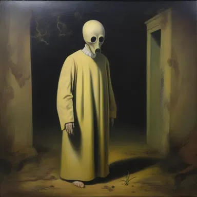 The surreal painting portrayed a perplexed figure who seemed to inquire about the existence of hidden meanings in the world.
