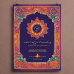 Create an invitation poster with vibrant colors and elegant font, featuring traditional Indian motifs and elements associated with hawan such as sacred fire, offerings, mantras, and people praying. Must have spaces for event details.