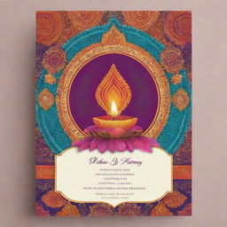 Create an invitation poster with vibrant colors and elegant font, featuring traditional Indian motifs and elements associated with hawan such as sacred fire, offerings, mantras, and people praying. Must have spaces for event details.