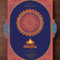 Create an invitation poster with vibrant colors and elegant font, featuring traditional Indian motifs and elements associated with hawan such as sacred fire, offerings, mantras, and people praying. Must have spaces for event details.