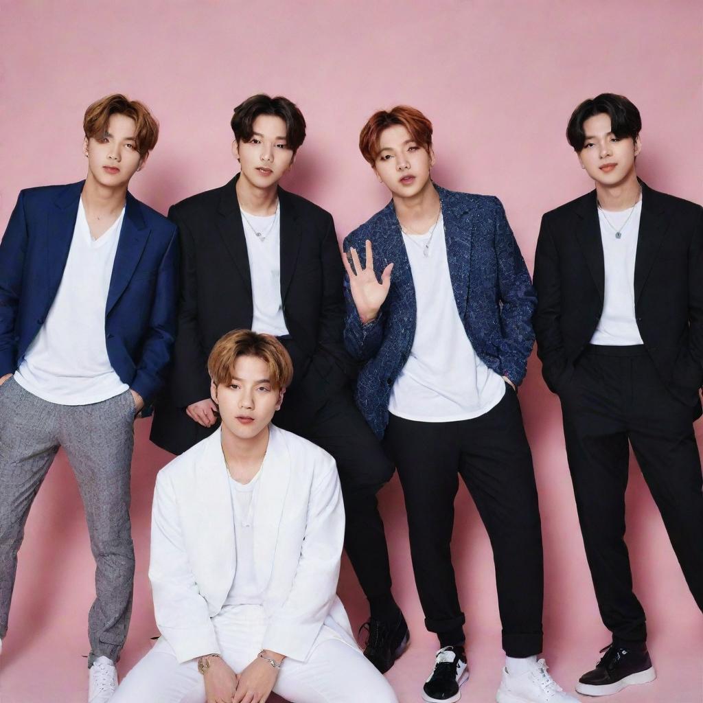 A group portrait of BTS, the South Korean boy band, depicting them in stylish outfits, with highly energetic expressions and poses reflecting their dynamic performances.