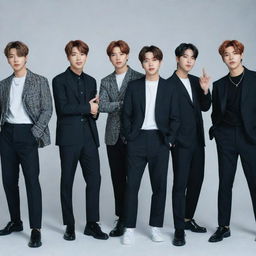 A group portrait of BTS, the South Korean boy band, depicting them in stylish outfits, with highly energetic expressions and poses reflecting their dynamic performances.