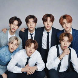 A group portrait of BTS, the South Korean boy band, depicting them in stylish outfits, with highly energetic expressions and poses reflecting their dynamic performances.