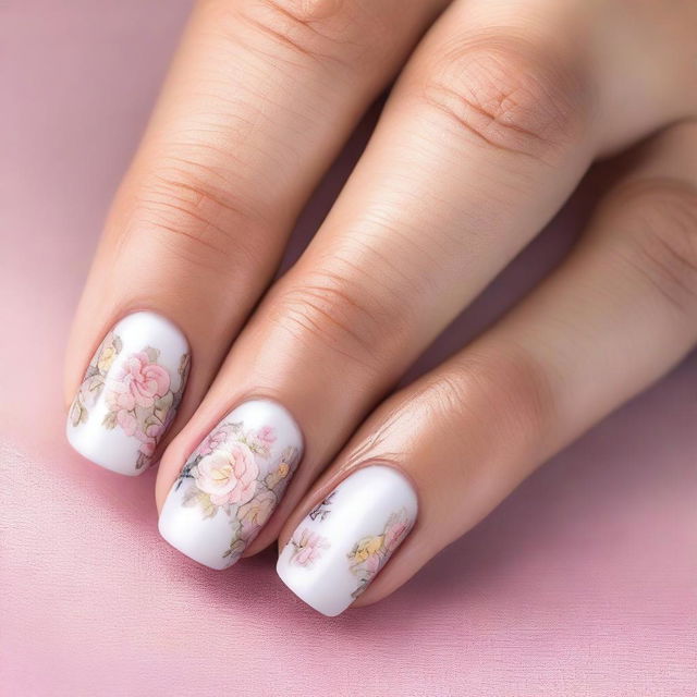 This is a high-resolution digital art image of short nails, each exquisitely painted with delicate floral patterns