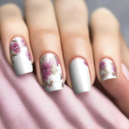 This is a high-resolution digital art image of short nails, each exquisitely painted with delicate floral patterns