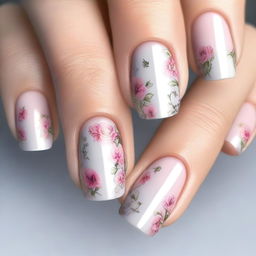 This is a high-resolution digital art image of short nails, each exquisitely painted with delicate floral patterns