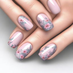 This is a high-resolution digital art image of short nails, each exquisitely painted with delicate floral patterns