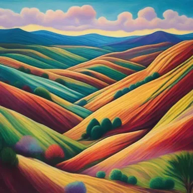 The artist's painting depicted a hilly landscape with vibrant colors and intricate details.