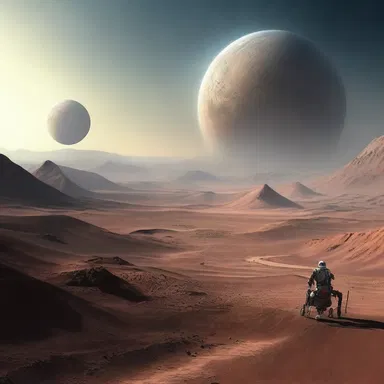 In the distant future, humans inhabit a planet with hilly terrain, using advanced technology to navigate its challenges.
