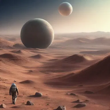 In the distant future, humans inhabit a planet with hilly terrain, using advanced technology to navigate its challenges.