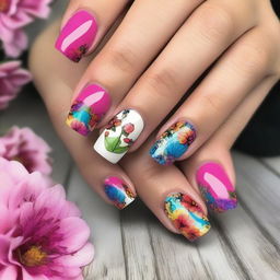 This is a high-quality digital art image featuring short nails adorned with bold floral patterns