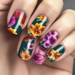 This is a high-quality digital art image featuring short nails adorned with bold floral patterns