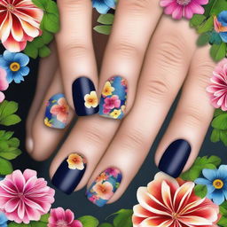 This is a high-quality digital art image featuring short nails adorned with bold floral patterns