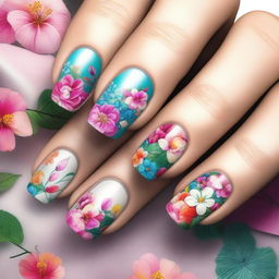 This is a high-quality digital art image featuring short nails adorned with bold floral patterns