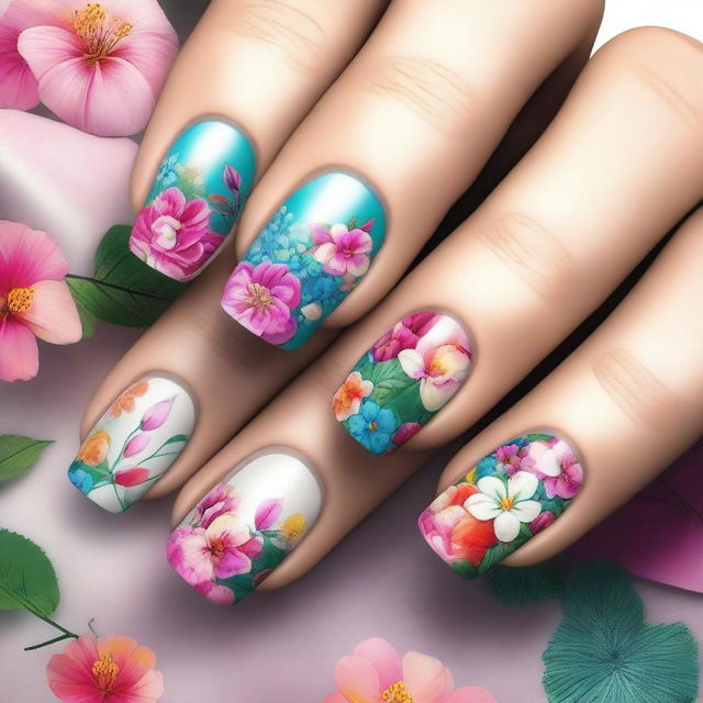 This is a high-quality digital art image featuring short nails adorned with bold floral patterns