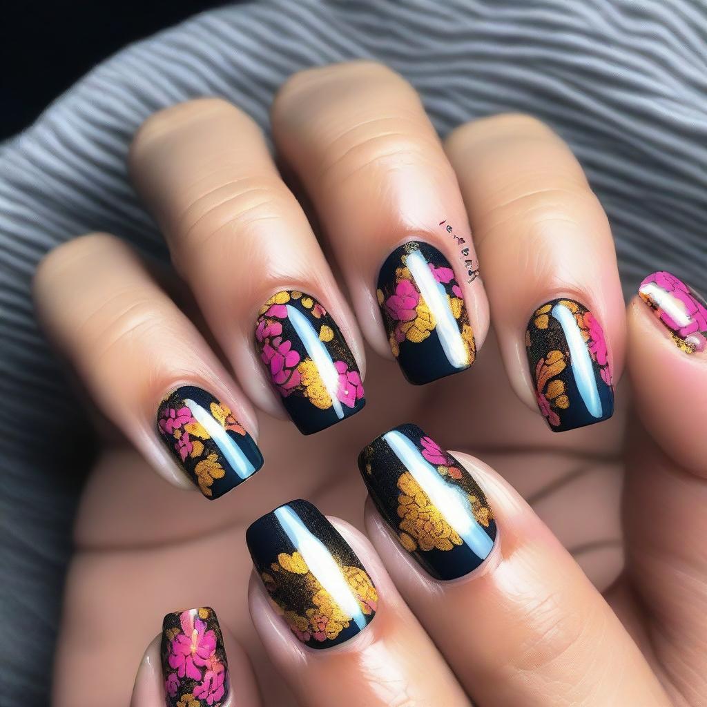 A top-quality digital art image portrays short nails with bold floral designs gracing the tips