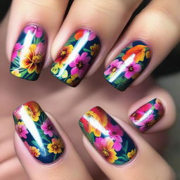 A top-quality digital art image portrays short nails with bold floral designs gracing the tips
