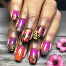 A top-quality digital art image portrays short nails with bold floral designs gracing the tips