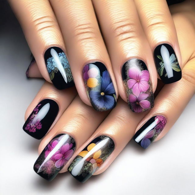 A top-quality digital art image portrays short nails with bold floral designs gracing the tips